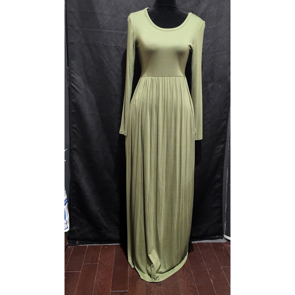Grecerelle Women Olive Green Long Sleeve Maxi Dress Empire Waist Pockets Size S